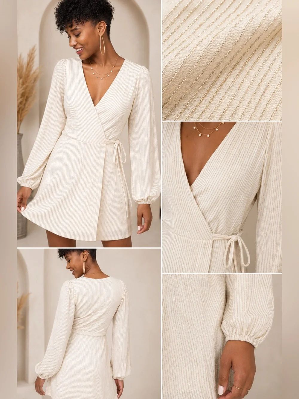 Francesca’s Claudia Ivory Glitter Knit Faux Wrap Mini Dress Size M Long Sleeve